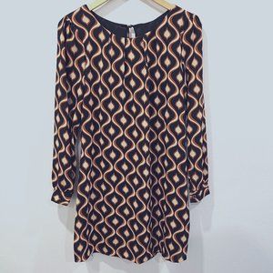 Moda Italia Black Brown Retro Long Sleeve Shift Dress Size S